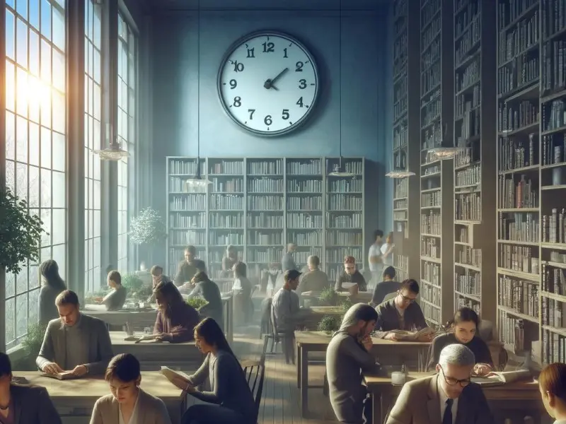 people of various ages and backgrounds engaging deeply with books and laptops in a calm, naturally-lit environment by DALL-E